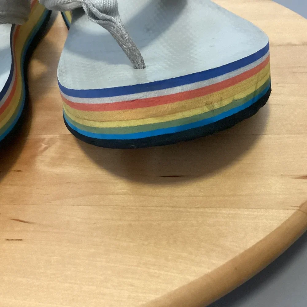 Tory Burch 70s Low Platform Flip‎ Flops Womens 10 Tan Rainbow Stripe S Flatform